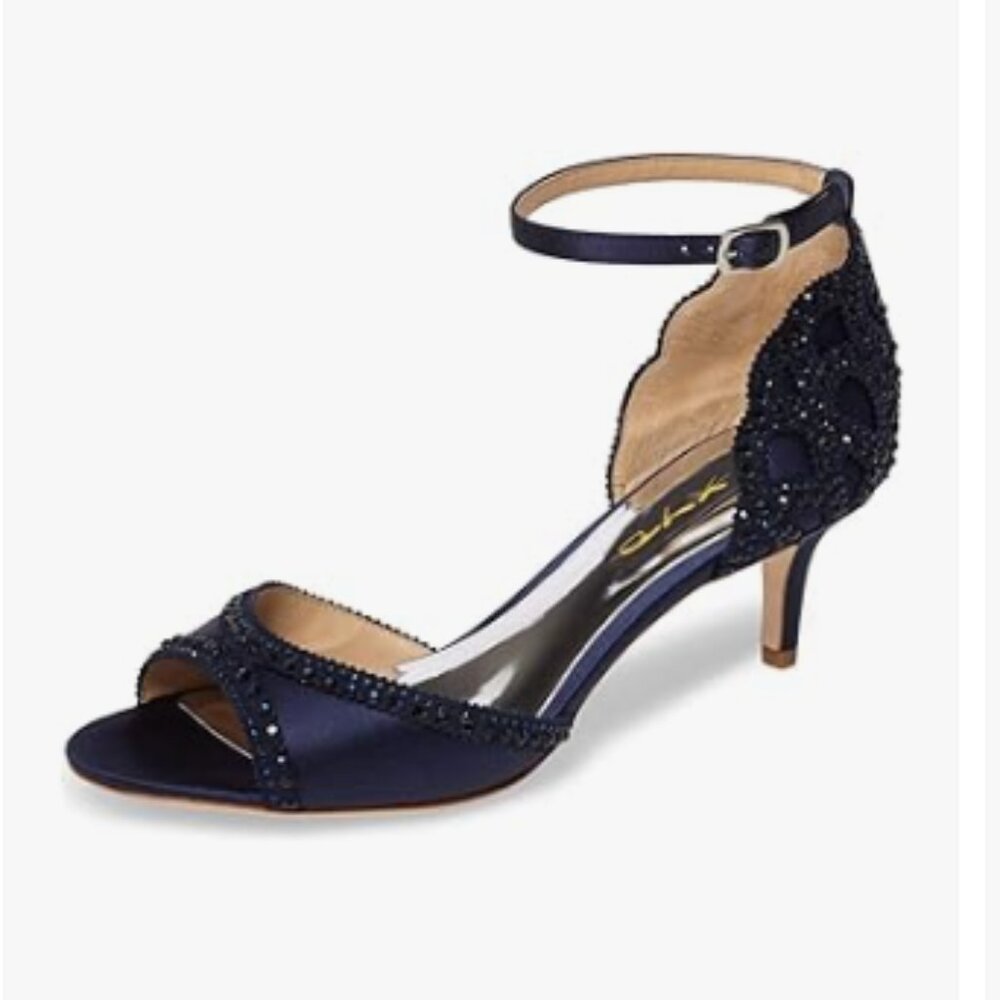 XYD Navy Chic Peep Toe D'Orsay Kitten Heel Rhinestone Studs Ankle Strap Sandals